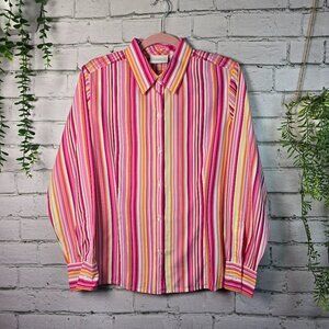 LIZ CLAIBORNE BUTTON DOWN TOP LONG SLEEVE STRIPED PINK AND ORANGE, WOMENS 10